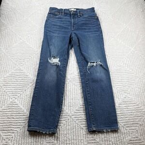 Madewell Jeans Womens 27 Mid Rise Classic Straight Blue Distressed Raw Hem Ankle